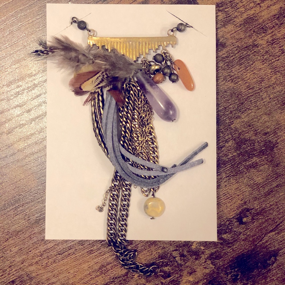 BOHO CHIC Crystal, Metal & Feather Long Necklace